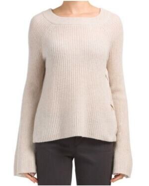 Only Mine Cashmere Sweater Beige Long Bell Sleeve Side Tie